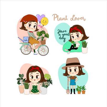 Set of cute cartoon girls with plant in garden. Vector illustration.のイラスト素材