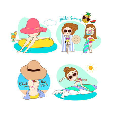 Set of cute cartoon girls on the beach. Vector illustration in a flat style.のイラスト素材