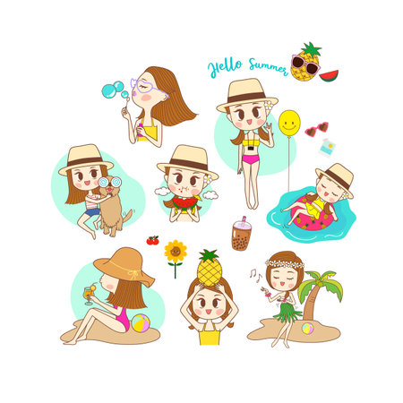 Set of cute cartoon girls on summer vacation. Vector illustration isolated on white background.のイラスト素材