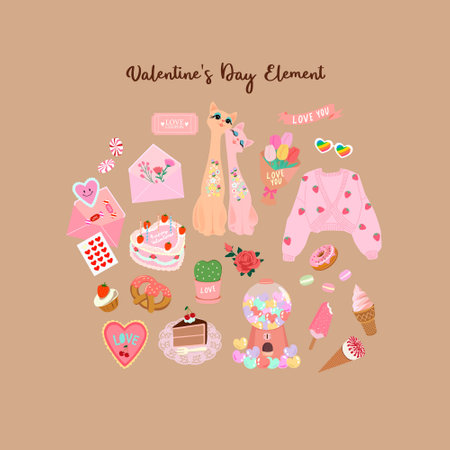 Valentine's day greeting card with cute elements. Vector illustration.のイラスト素材