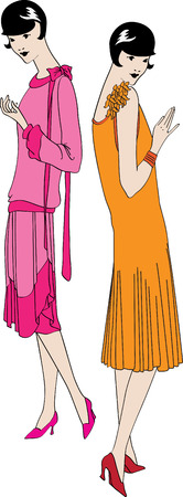 The vector image of two fashionable girls of the beginning of the twentieth centuryのイラスト素材