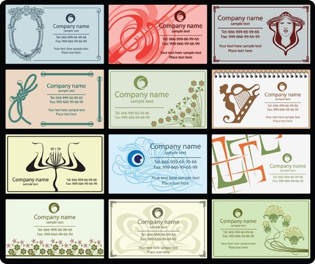 variety of 12 horizontal business cards vintage style on different topicsのイラスト素材