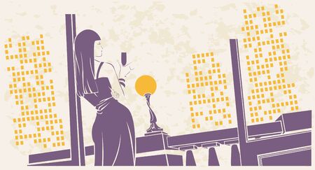 Girl with a glass of wine on the terrace of the house the night city (Grunge removed)のイラスト素材