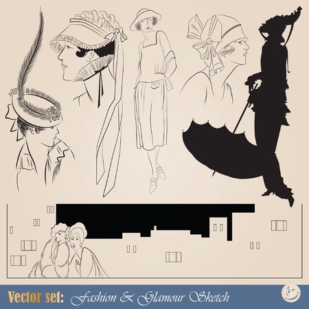vector set: elegant vintage fashion illustrations, sketch and portraits のイラスト素材