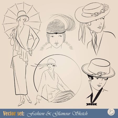 set: elegant vintage fashion illustrations and sketchのイラスト素材