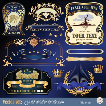 gold-framed labels, ribbon, ornaments and elements on different topics for decoration and designのイラスト素材