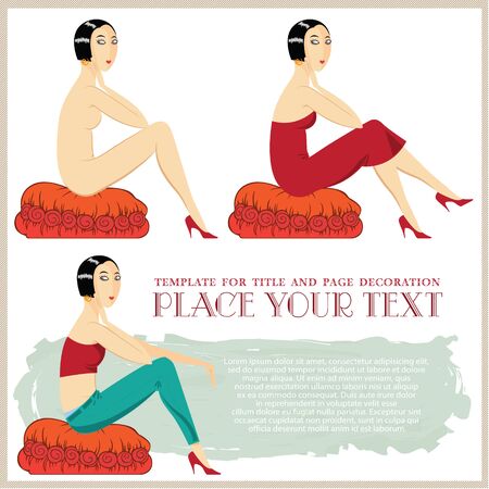 Girl in different clothes, sitting on the ottoman.のイラスト素材