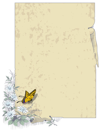 Vector background. Old paper with curled corners and a bouquet of spring flowers.のイラスト素材