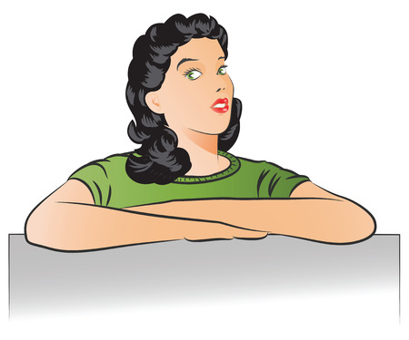 Vector stock illustration. Young girl behind white blank banner. Place for textのイラスト素材