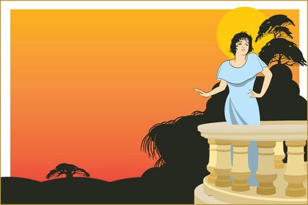 Vector background. Woman on the veranda of the hotel on an exotic background sunset.のイラスト素材