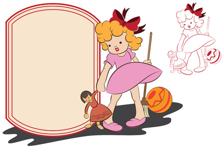 Vector stock illustration. Funny girl with toys in the background for text.のイラスト素材