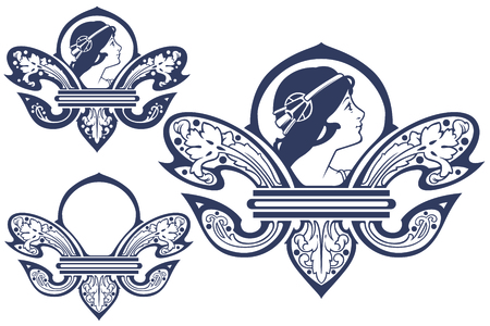 vector template tattoo heraldic lily with a girl's head in the centerのイラスト素材