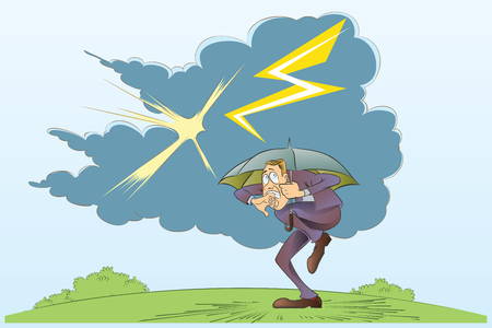 Vector stock illustration. Funny frightened man hiding under an umbrella from the thunderstorm.のイラスト素材