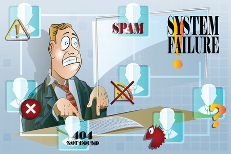 Vector stock illustration. Funny businessman working at a computer. Network security systems.のイラスト素材