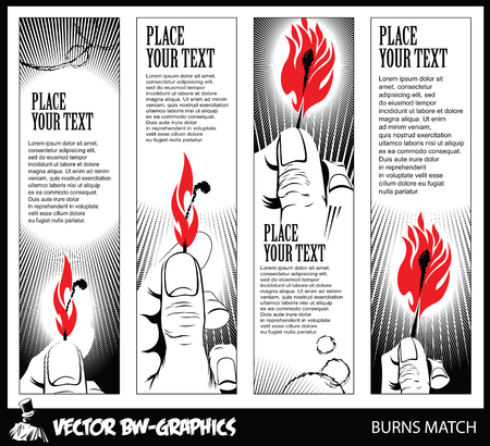 Black and white Vector banner. Burning match in her handのイラスト素材
