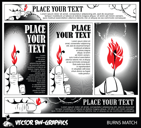 Black and white Vector banner. Burning match in her handのイラスト素材