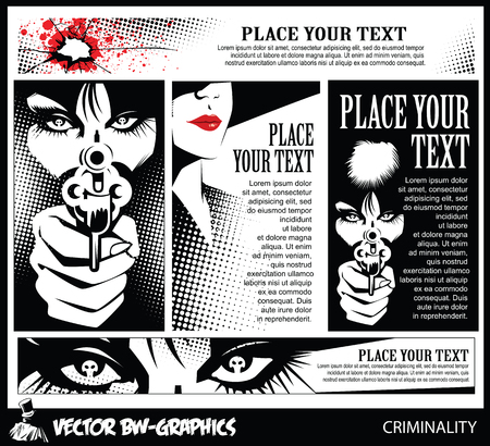 Black and white Vector banner. Girl with a gun. In the eyes of the skull.のイラスト素材