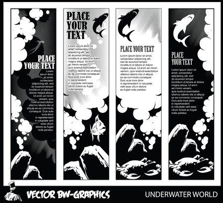 Black and white Vector banner. Underwater world.のイラスト素材