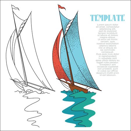 Stock illustration. Sailing yacht racing over the waves in the open sea.のイラスト素材