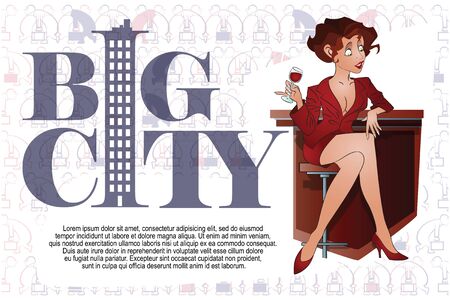 Vector Illustration. Funny girl talking on the phone. Funny girl with a glass of wine.のイラスト素材