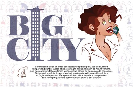 Vector Illustration. Template flyers. Funny girl talking on the phone.のイラスト素材