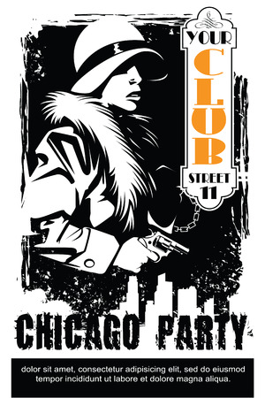 Vector BW Illustration. Template flyers. Sin City party. A man with a gun.のイラスト素材