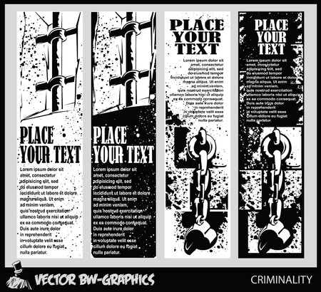 Black and white banner. Symbols prisons and punishment - grille and shackles.のイラスト素材