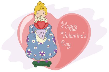 Stock illustration. Girl with a bouquet and hearts. Congratulations to the Valentine's Day.のイラスト素材