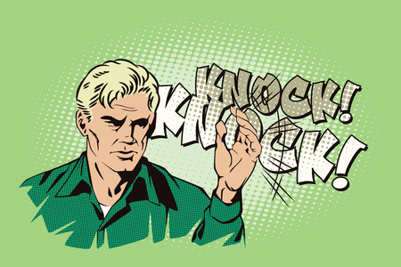 People in retro style pop art and vintage advertising. A man knocks on the door.のイラスト素材
