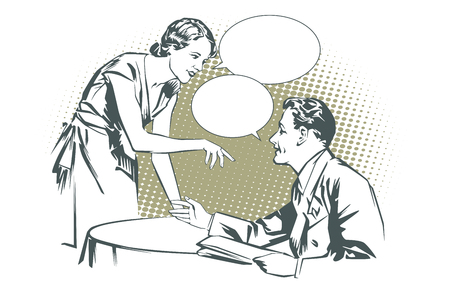 Stock illustration. People in retro style pop art and vintage advertising. Client cafes talking with the waitress.のイラスト素材
