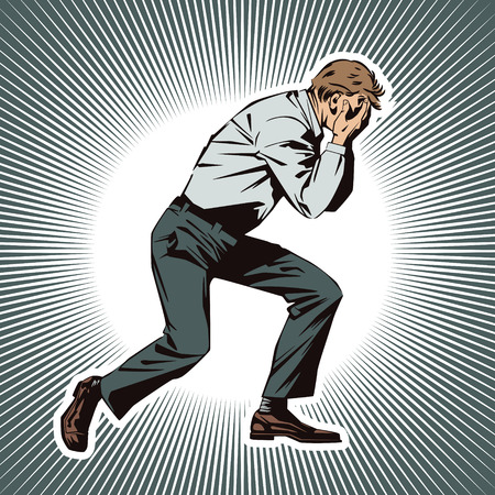 People in retro style pop art and vintage advertising. Upset man covers his face with his hands.のイラスト素材