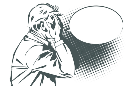 People in retro style pop art and vintage advertising. Upset man covers his face with his hands.のイラスト素材