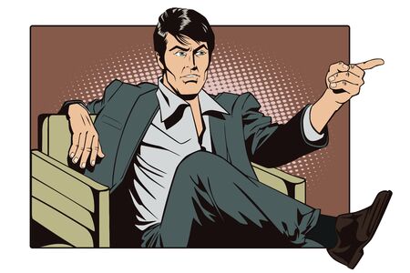 People in retro style pop art and vintage advertising. Sitting man points a fingerのイラスト素材