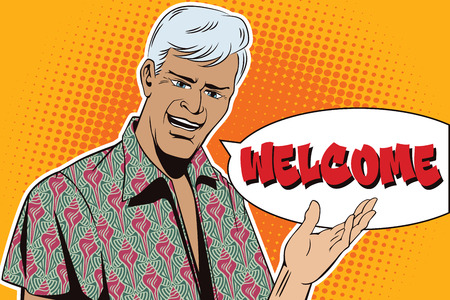 People in retro style pop art and vintage advertising. Man makes inviting gestureのイラスト素材