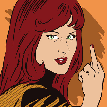Stock illustration. People in retro style pop art and vintage advertising. Girl shows rude gesture.のイラスト素材