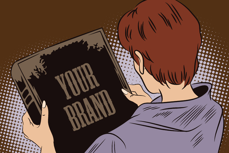 Stock illustration. People in retro style pop art and vintage advertising. Girl looks at the book cover. In the book, you can write your brandのイラスト素材