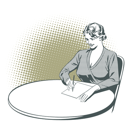 Stock illustration. People in retro style pop art and vintage advertising. Girl writes, sitting at the table.のイラスト素材
