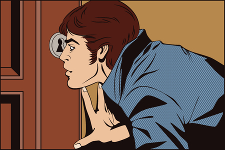 Stock illustration. People in retro style pop art and vintage advertising. Man peeping through the keyhole.のイラスト素材