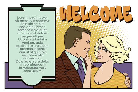 Stock illustration. People in retro style pop art and vintage advertising. Loving couple.のイラスト素材