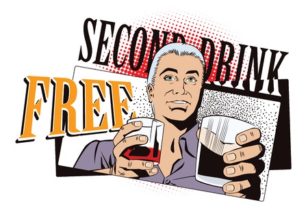 Stock illustration. People in retro style pop art and vintage advertising. Man offering drink alcohol.のイラスト素材