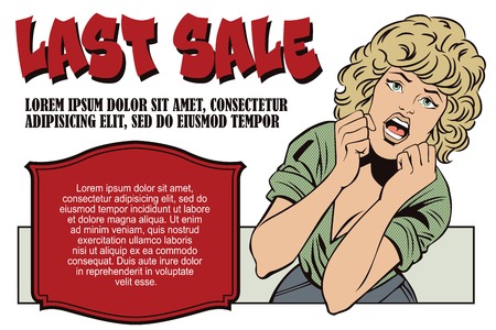Stock illustration. People in retro style pop art and vintage advertising. The girl invites to sale.のイラスト素材