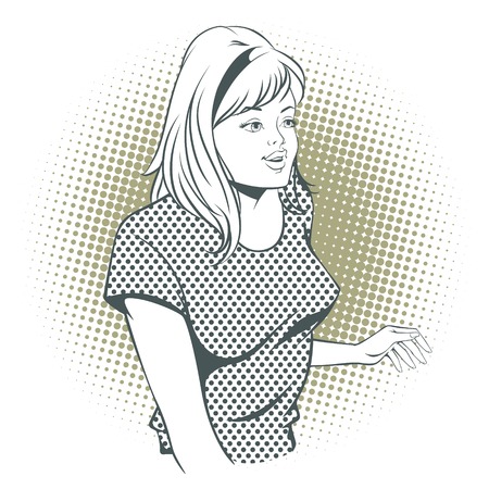Stock illustration. People in retro style pop art and vintage advertising. Girl gesture mentor teacherのイラスト素材
