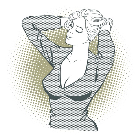 Stock illustration. People in retro style pop art and vintage advertising. Girl straightens her hair.のイラスト素材