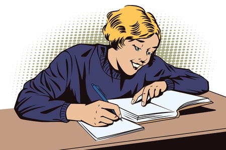 People in retro style pop art and vintage advertising. Girl with the book. Schoolgirl in the classroom. Student in a lecture.のイラスト素材