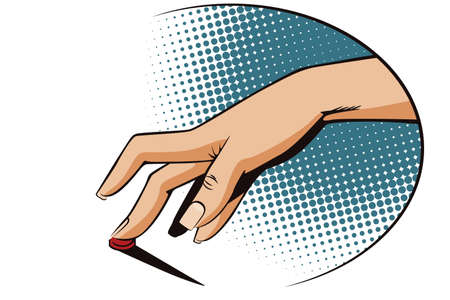 Stock illustration. Style of pop art and old comics. Female finger presses the button.のイラスト素材