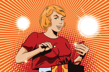 People in retro style pop art and vintage advertising. Cute girl opens a gift.のイラスト素材