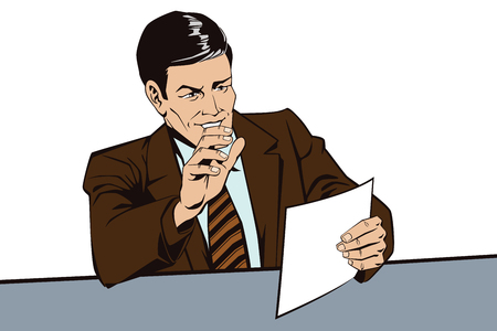 Stock illustration. People in retro style pop art and vintage advertising. An man reads the documents. News, and facts.のイラスト素材