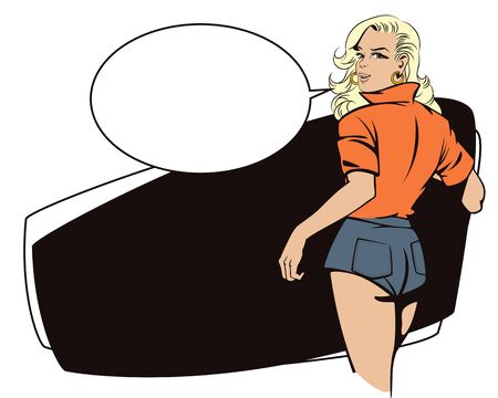 People in retro style pop art and vintage advertising. Girl looking back.のイラスト素材