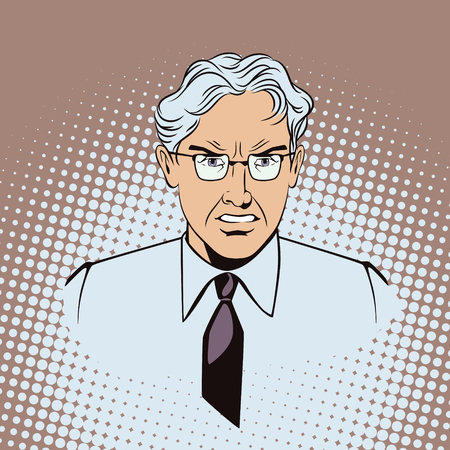 Stock illustration. People in retro style pop art and vintage advertising. Angry gray-haired man. The boss is furious.のイラスト素材