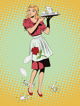 Stock illustration. People in retro style pop art and vintage advertising. Waitress with breakfast.のイラスト素材